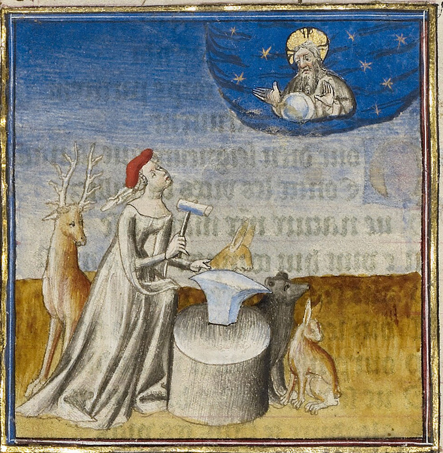 Nature personified in 15th-century dress looks up  from her work hammering out a rabbit on anvil at a be-turbaned divinity hovering in a blue void; her expression mingles confusion, incredulity, and yet a complete lack of surprise