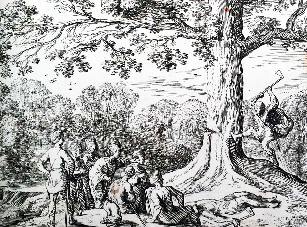Engraving of a guy chopping down a tree, with a group of people watching with some concern from the lower left corner
