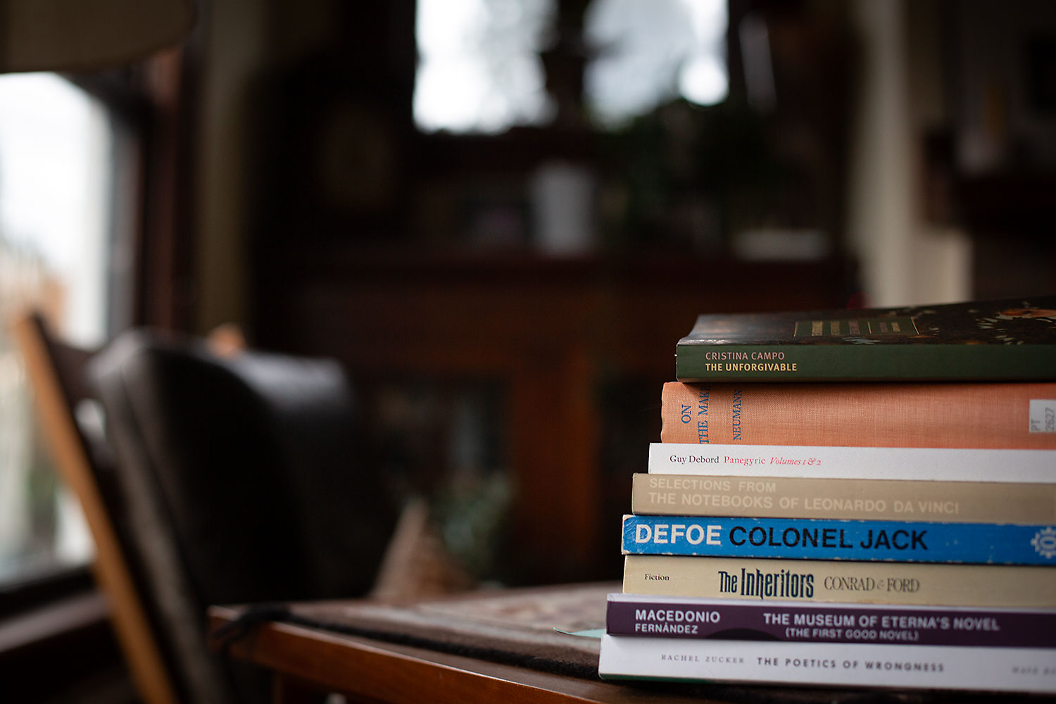 A stack of books on a dreary day