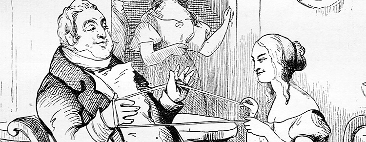 Illustration of a sour-faced woman triumphantly entangling a placid dimwit with yarn.