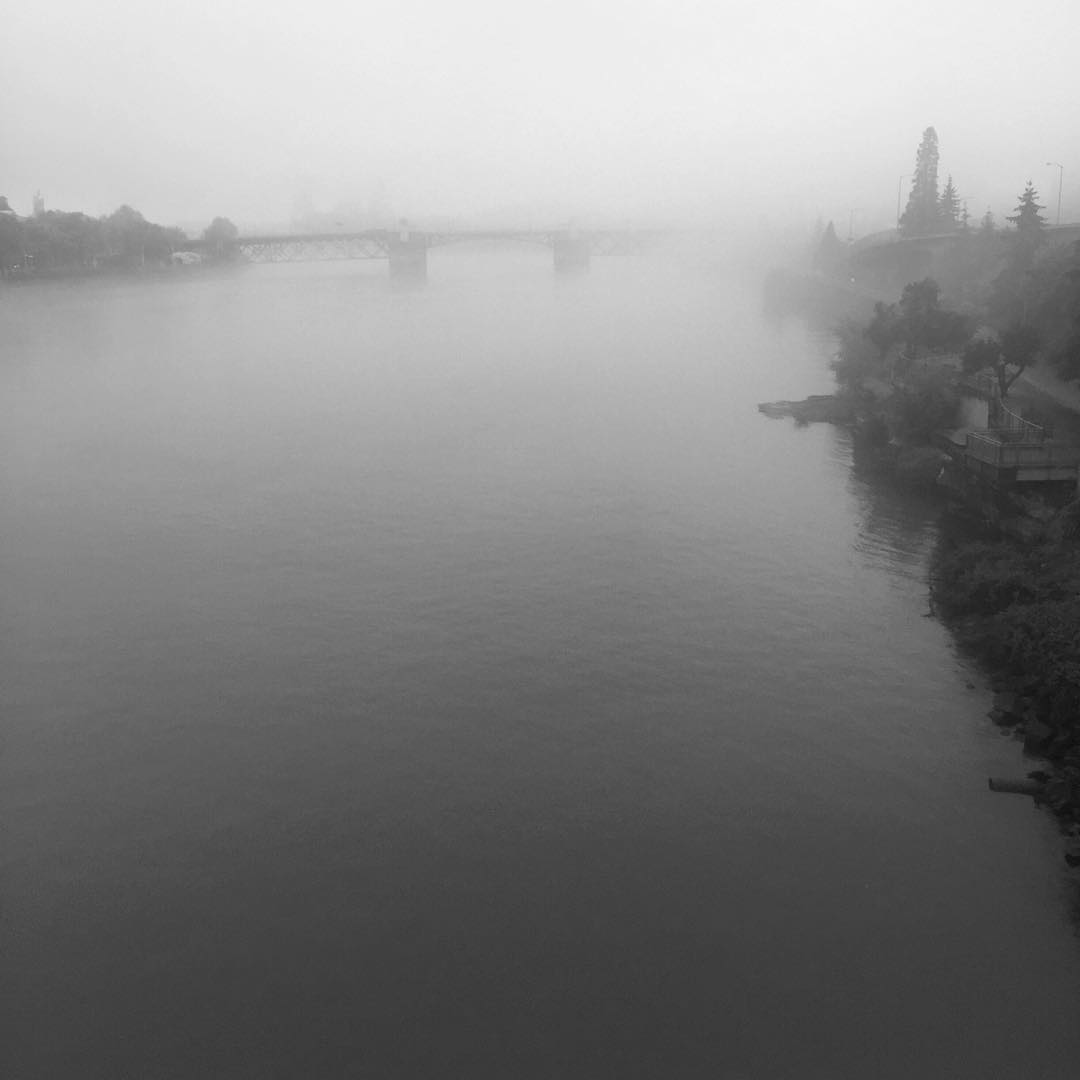 A view from the Morrison Bridge, looking north into a fog