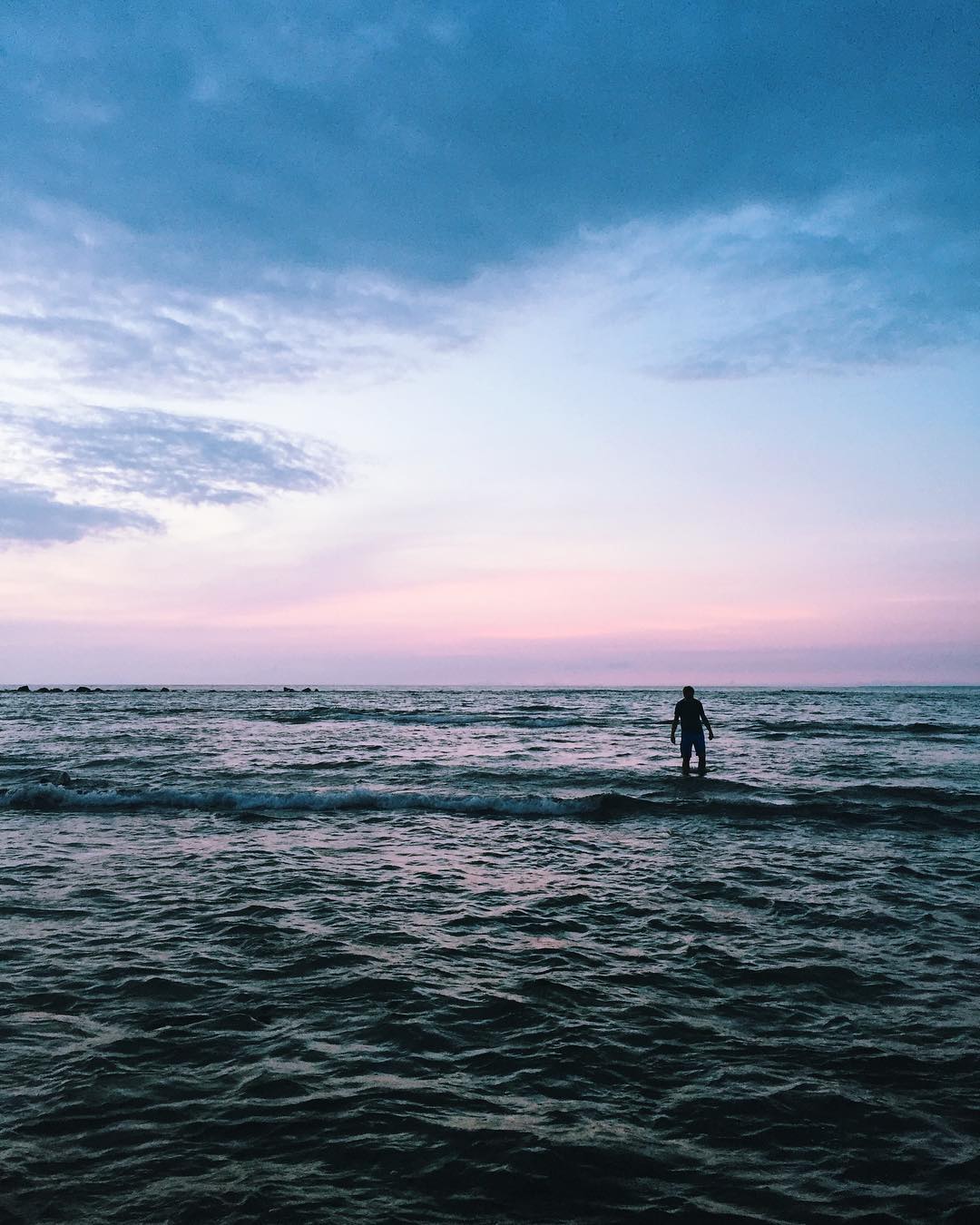 An image of a very pink sunset against a very blue ocean, with the silhouette of a wader just beneath the horizon line