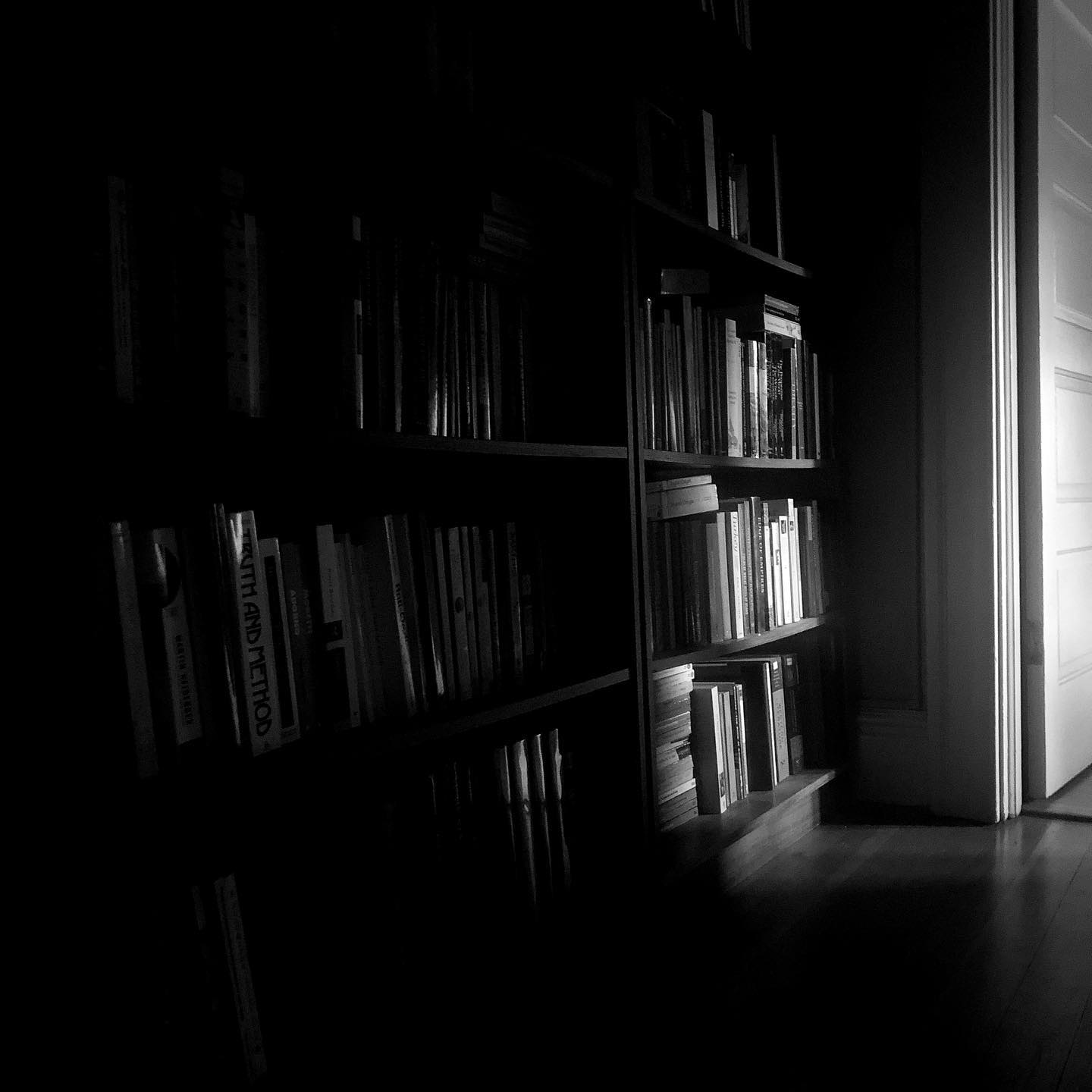 A dark photograph, in which books on shelves appear in a narrow band of light