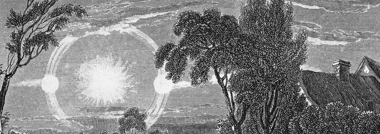 Engraving of sun dogs and trees