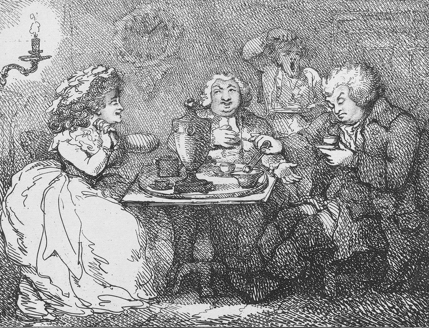 Johnson, Boswell, and the Mrs. sit down to tea