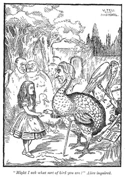 Might I ask what sort of bird you are? Alice inquired.